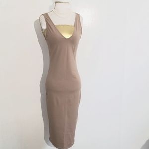ZARA W/B Collection Nude Tan V-Neck Sleeveless Bodycon Midi Dress